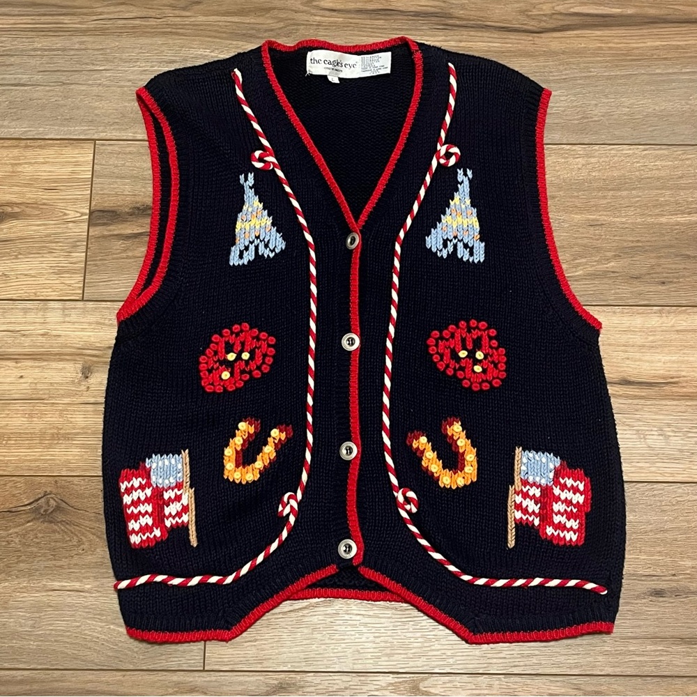 The Eagle's Eye Cardigan Sweater Vest SZ Large American Red Blue Vintage 1992
